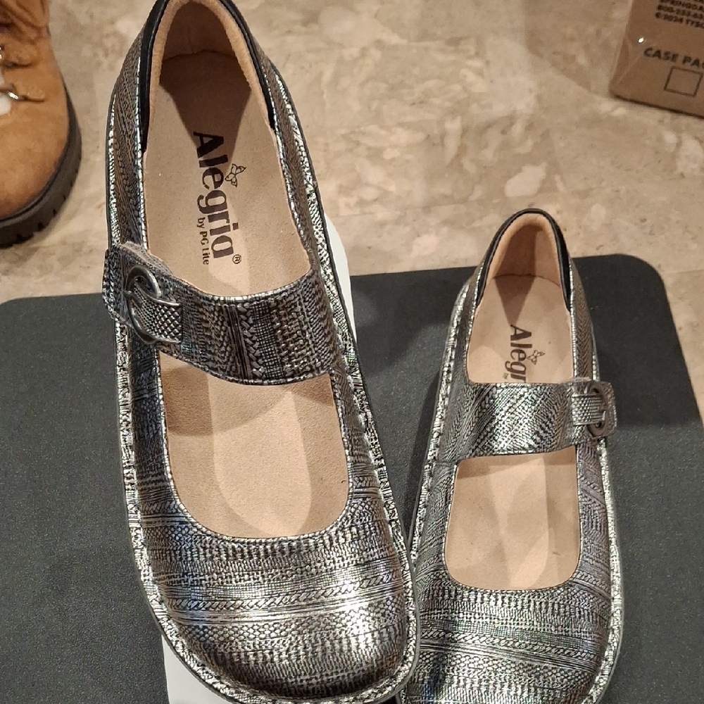 Alegria Metallic Silver Buckle Flats